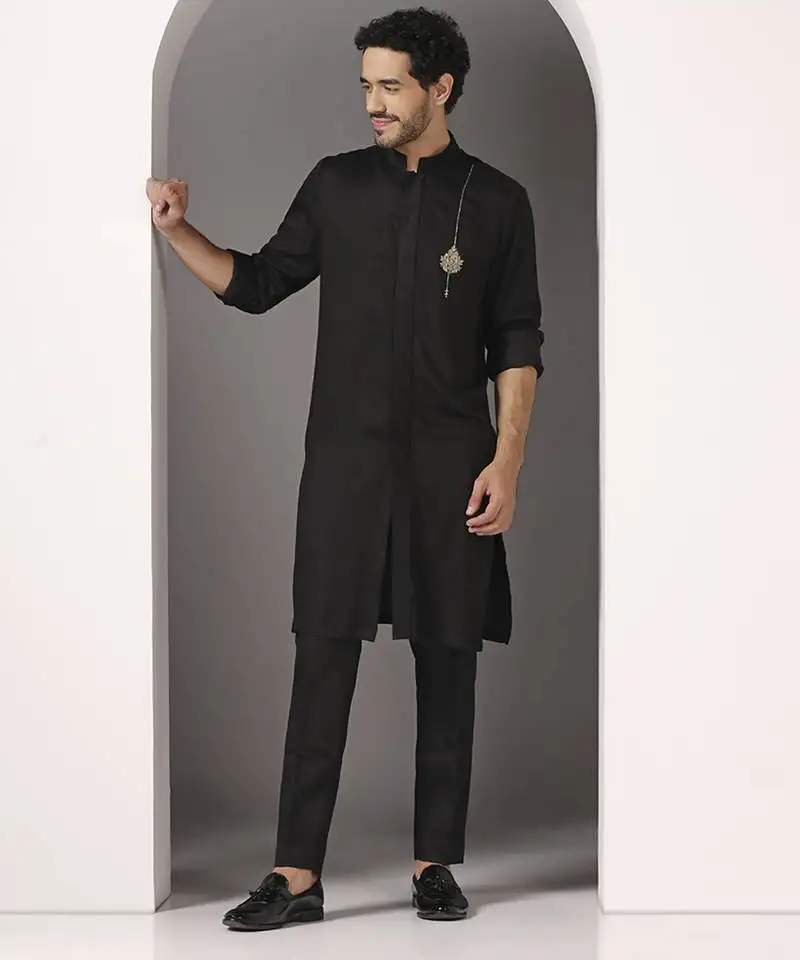 Black embroidered cotton kurta pajama