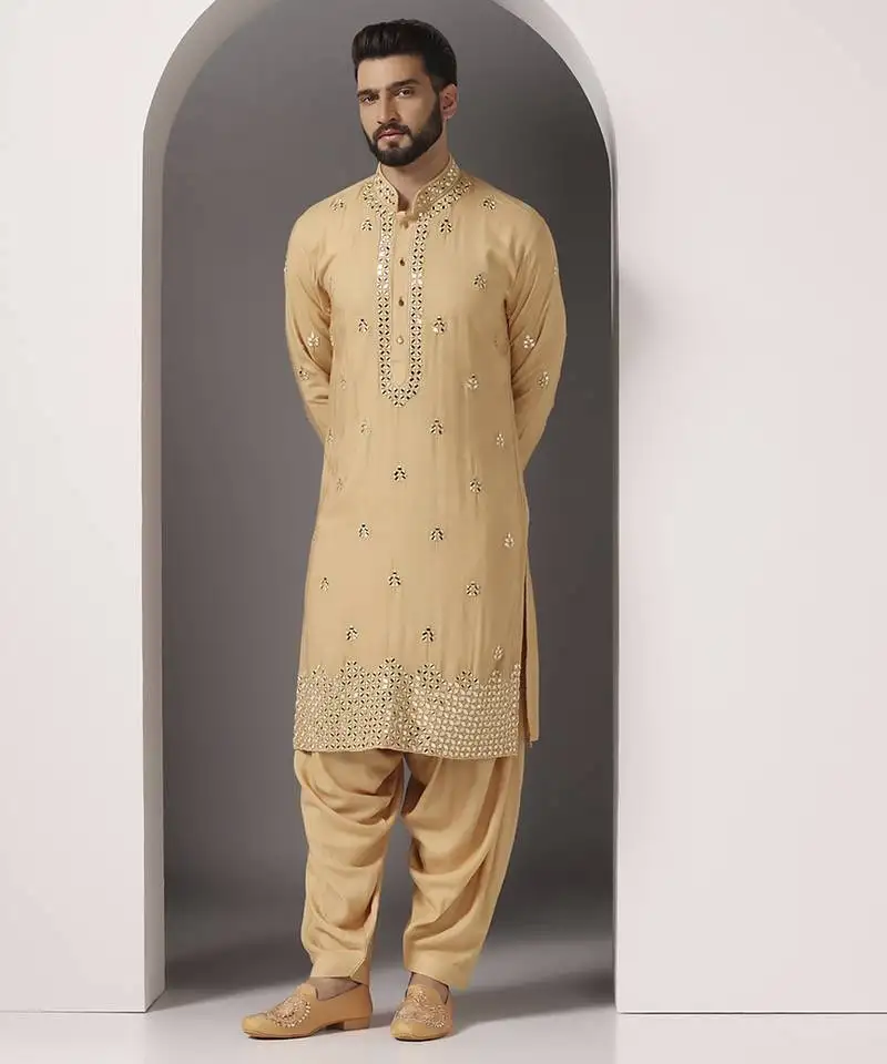 Beige embroidered cotton kurta pajama