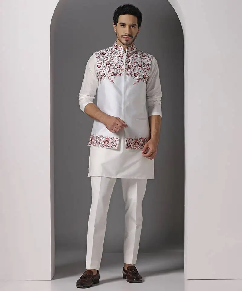 Ivory embroidered silk kurta set with ivory embroidered jacket
