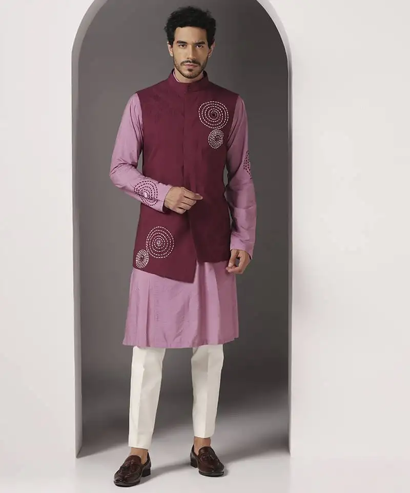 Pink embroidered cotton silk kurta set with maroon embroidered jacket
