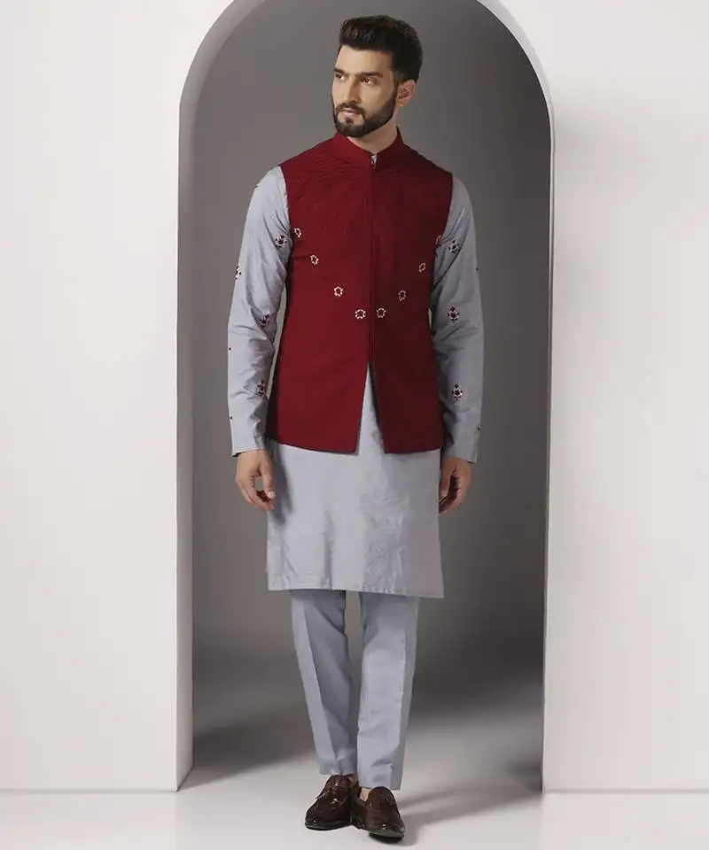 Grey embroidered cotton silk kurta set with maroon embroidered jacket