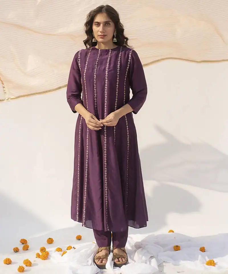 Purple printed cotton silk kurta set