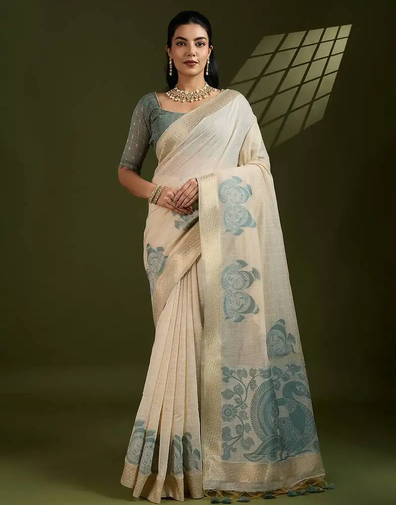Beige muga cotton saree with kalamkari print and blouse piece
