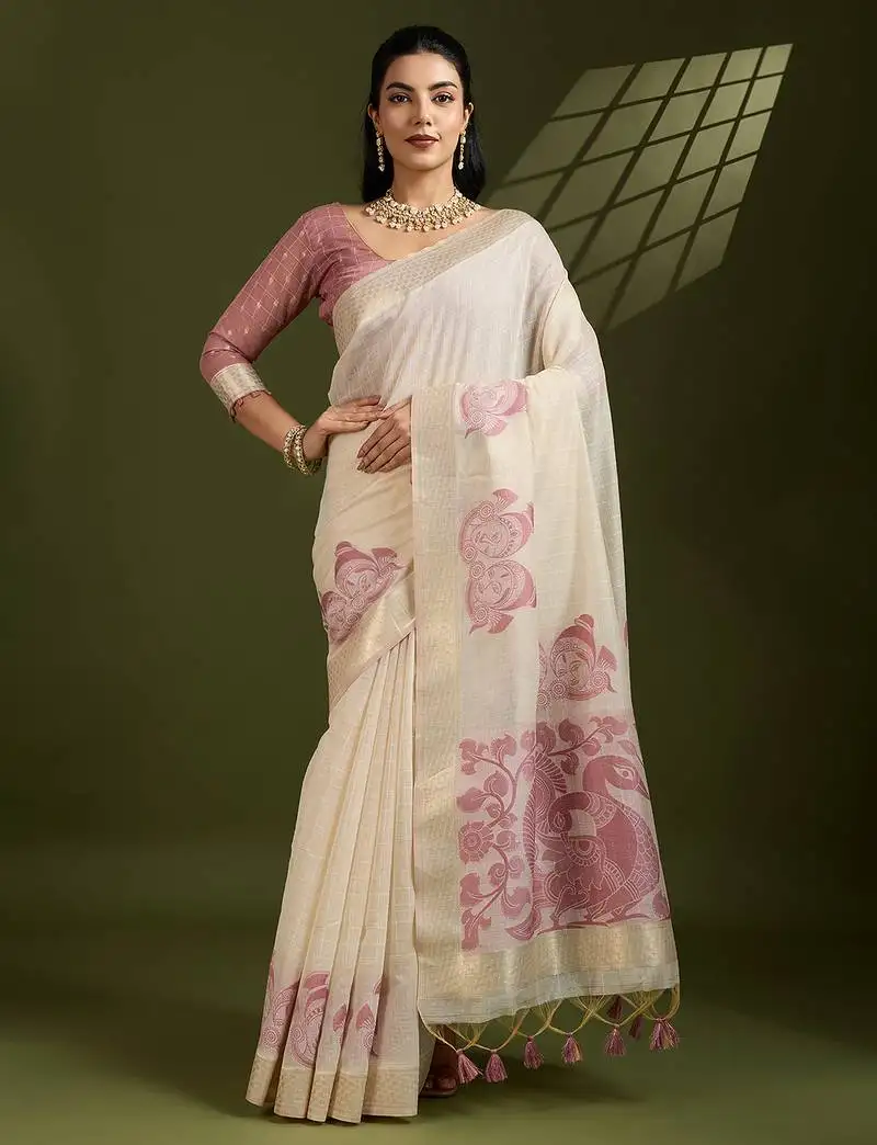 Beige muga cotton saree with kalamkari and self-check pattern
