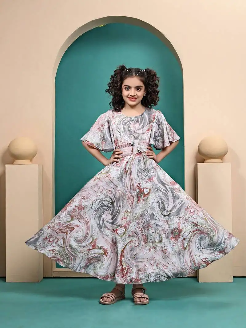 Multicolored maslin shibori printed fit & flare maxi length dress for kids girls