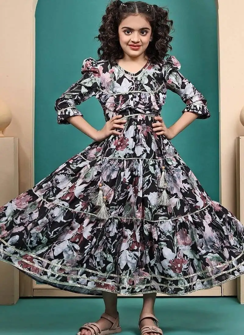 Multicolored maslin printed anarkali dress for kids girls