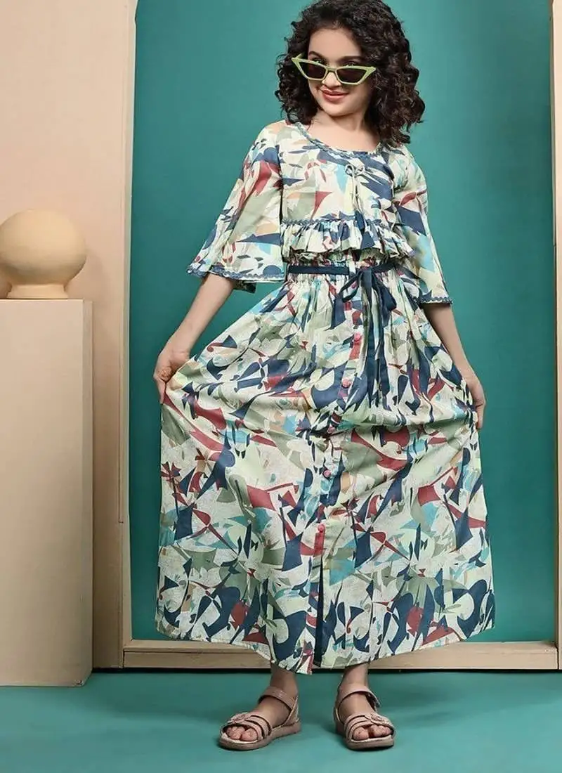 Multicolour maslin printed crop top and skirt set for kids girls