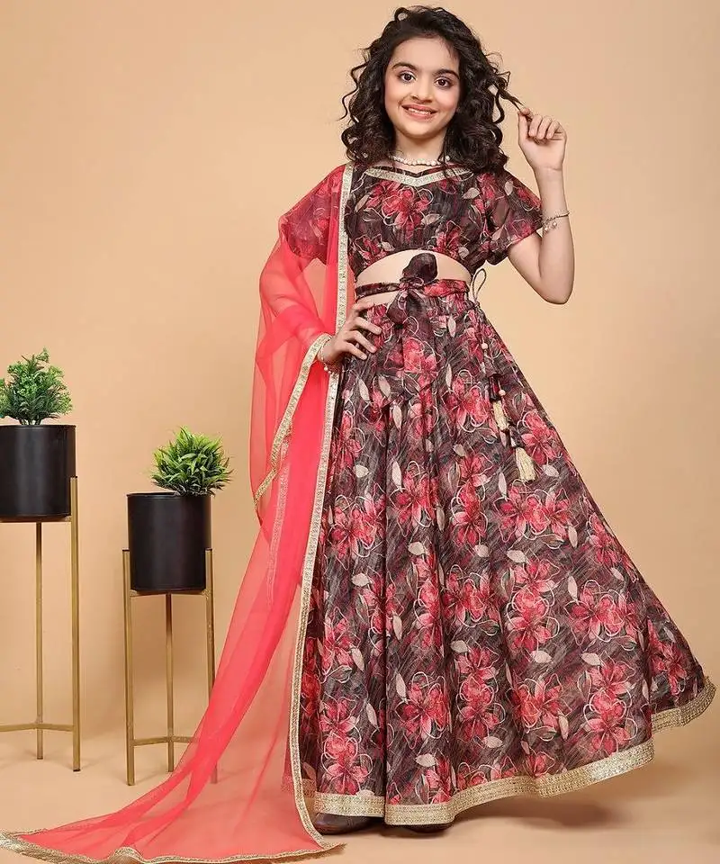 Maroon printed chinon fabric lehenga choli set for kids girls
