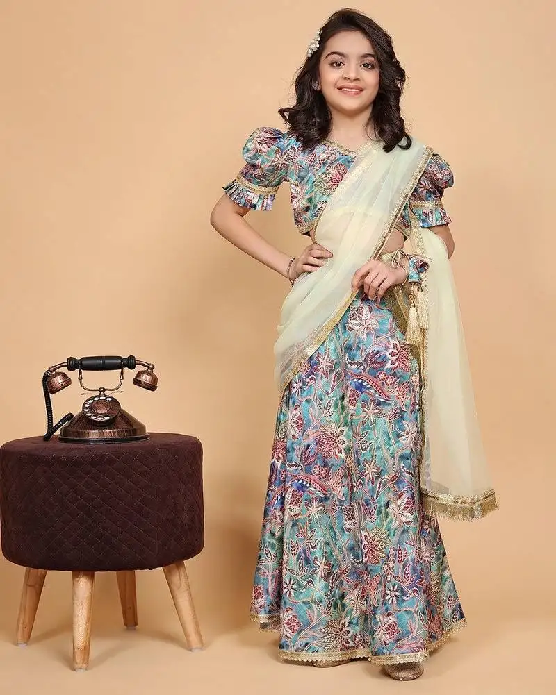 Multicolored printed chinon fabric lehenga choli set for kids girls