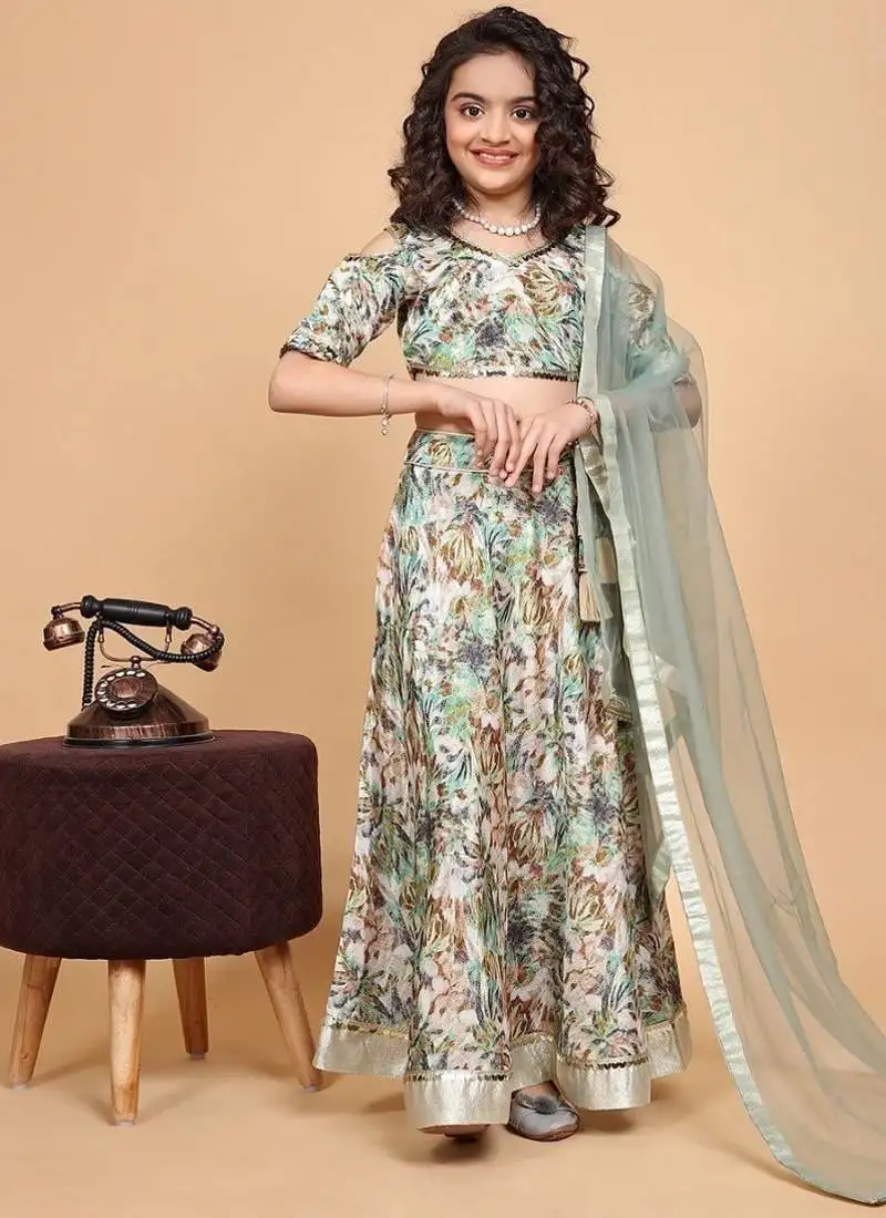 Mint green chinon chiffon printed lehenga choli set for kids girls