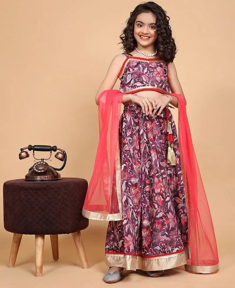 Maroon chinon floral printed sleeveless lace kids girls lehenga choli set
