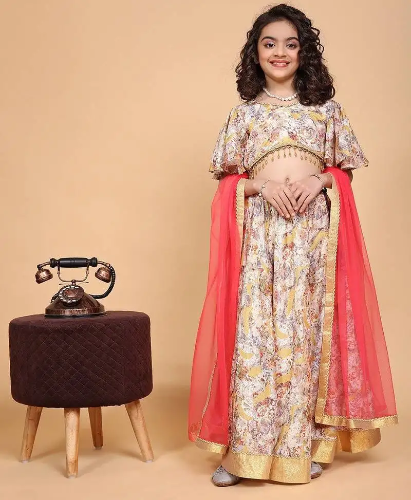 Cream colored chinon chiffon fabric floral printed kids girls lehenga choli set