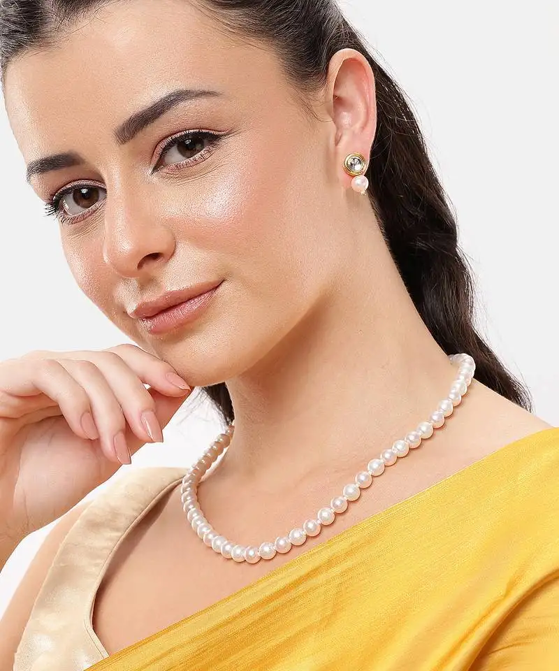Classic single line pearl necklace with kundan drop earrings for women | elegant party & festive wear jewelry set