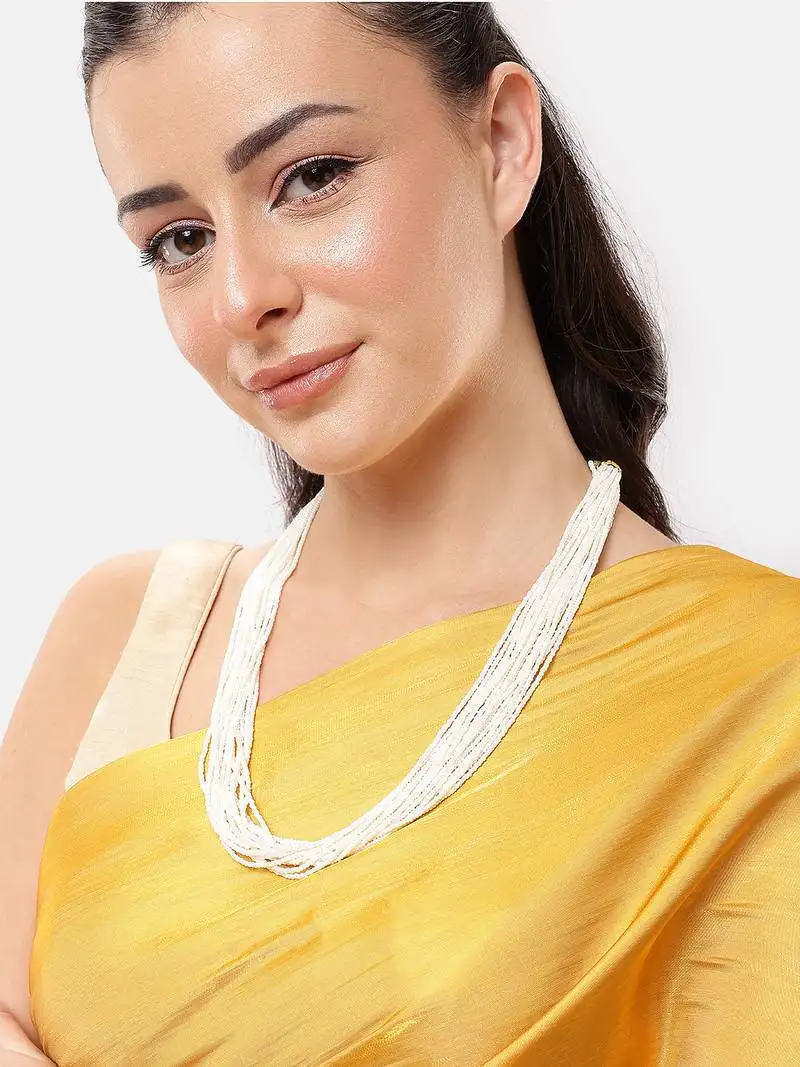 White multistrand beads necklace for women | elegant traditional handmade jewelry | adjustable thread closure