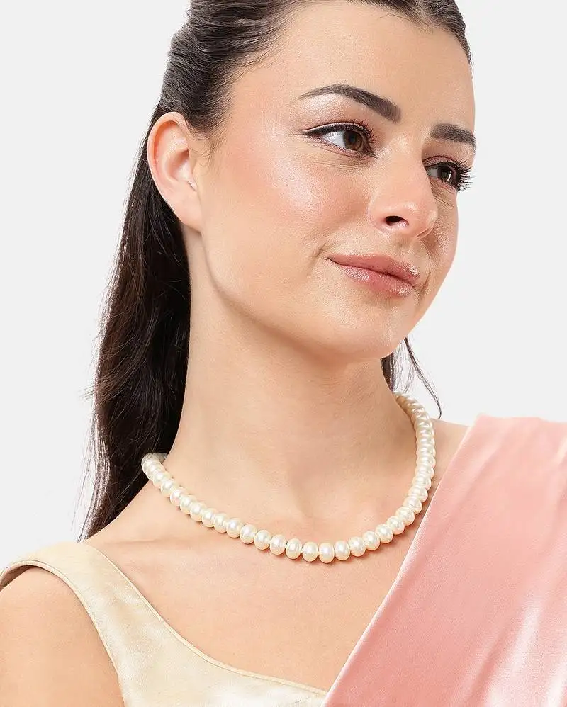 Classic white pearl beaded necklace for women | elegant ethnic jewelry with golden clasp | handcrafted accessory