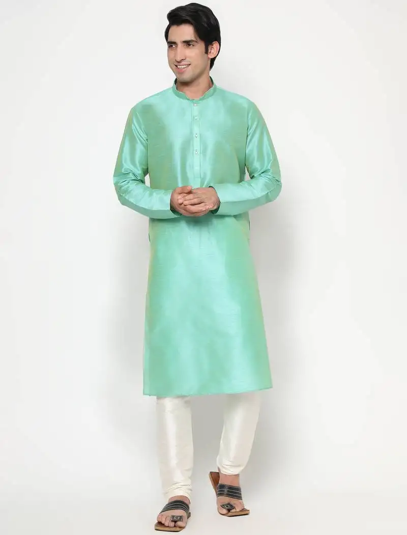 Sea green silk kurta pajama set in with white churidar ethnic outfit for festivals & weddings