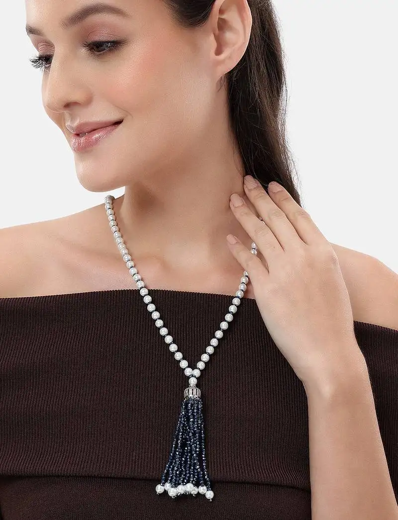 Pearl & blue beaded tassel necklace | handmade bead mala for women | elegant traditional-fusion design jewelry