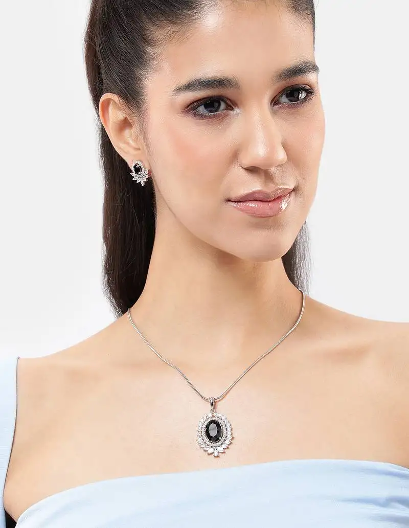 Rhodium white plated black cz stone pendant set for women daily & party wear jewelry
