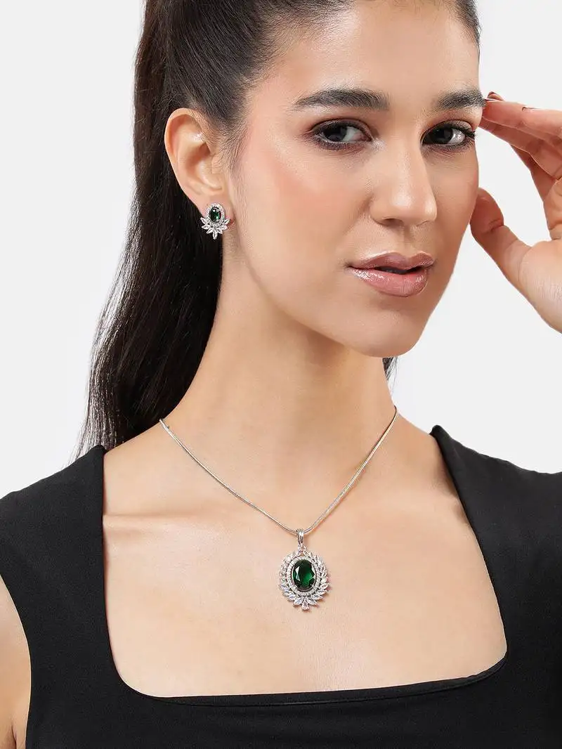 Rhodium white plated green cz stone pendant set for women daily & party wear jewelry
