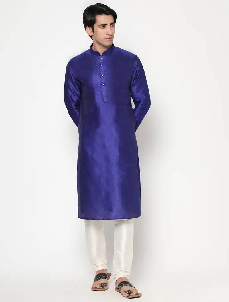 Royal blue silk kurta pajama set in with white churidar ethnic outfit for festivals & weddings