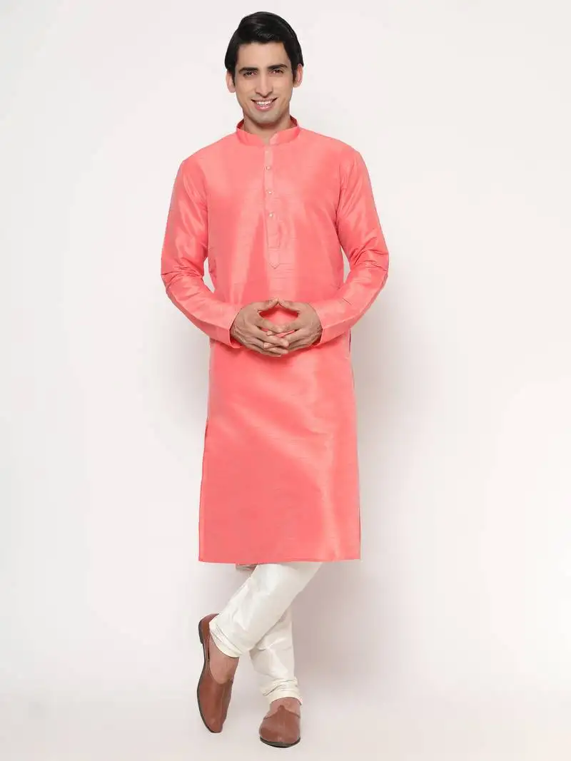 Rose pink silk kurta pajama set in with white churidar ethnic outfit for festivals & weddings