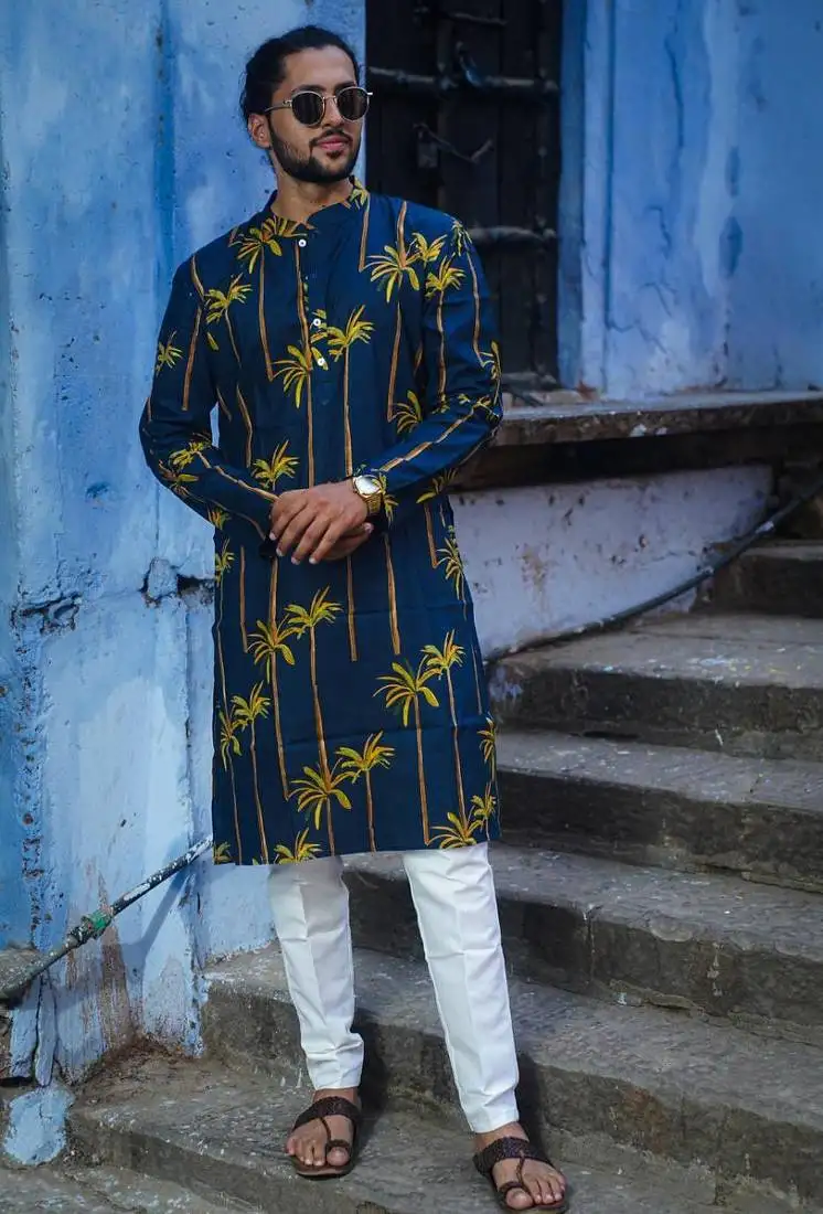 Navy blue cotton palm kurta pajama