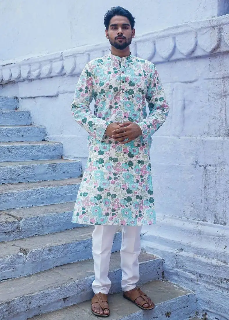 Sky blue cotton muted floral kurta pajama