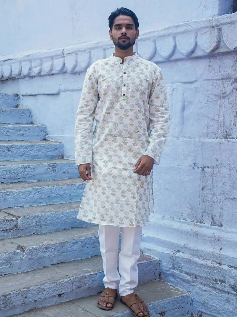 White cotton crystal petal kurta pajama