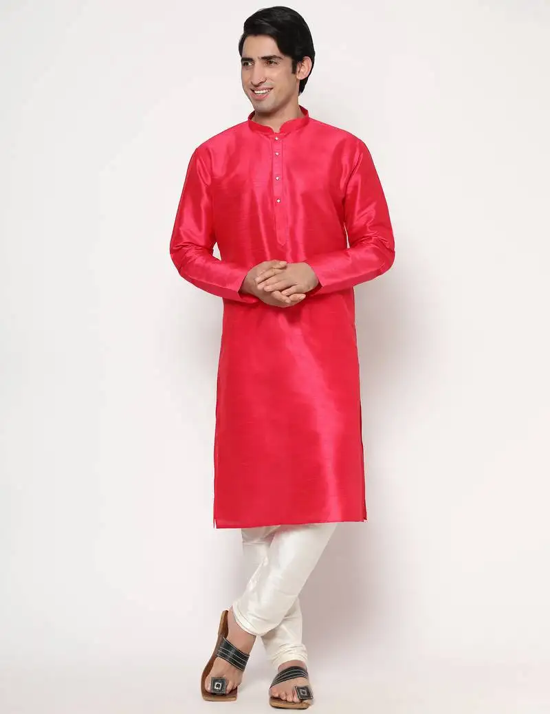 Rose madder silk kurta pajama set in with white churidar ethnic outfit for festivals & weddings