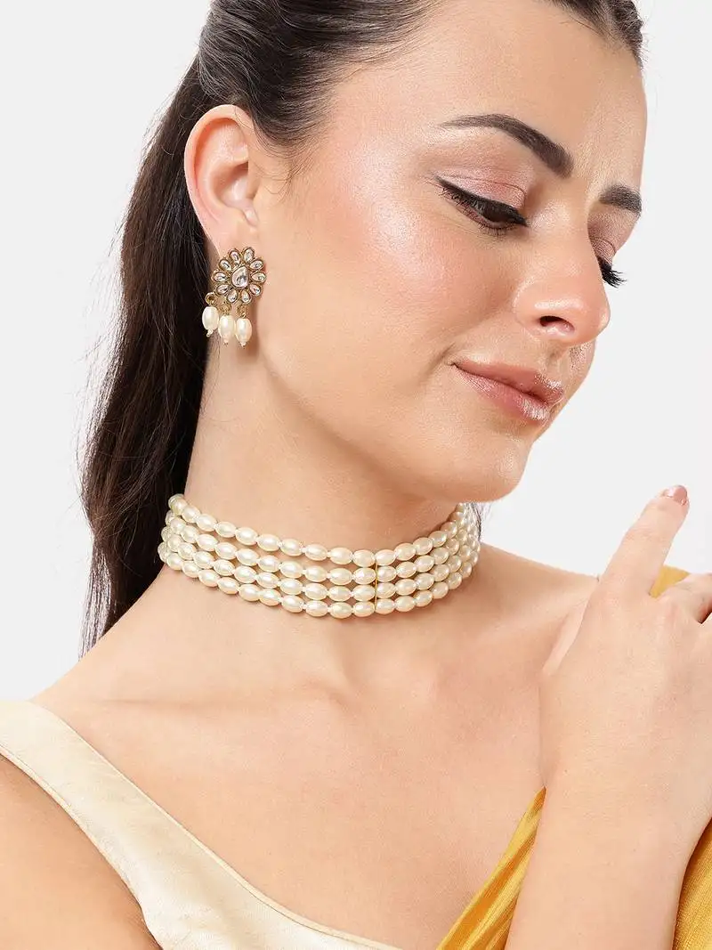 4-line pearl choker necklace set with antique plated kundan studded earrings festive & wedding wear set
