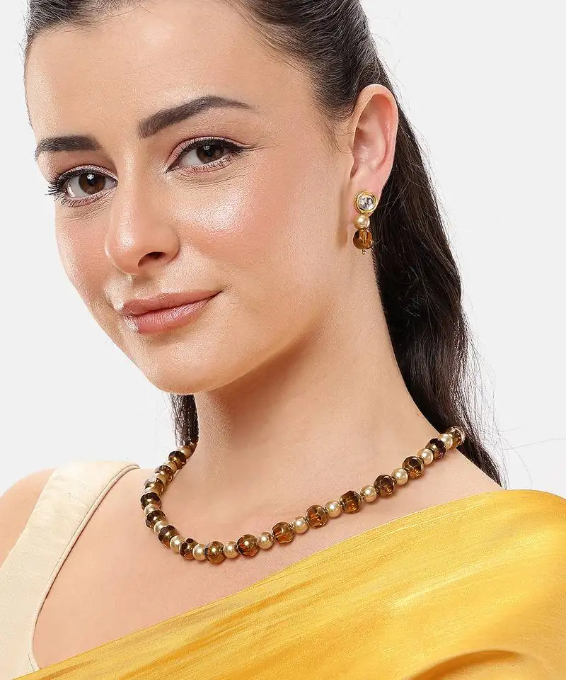 Single line pearl & brown crystal bead mala with kundan earrings and bracelet