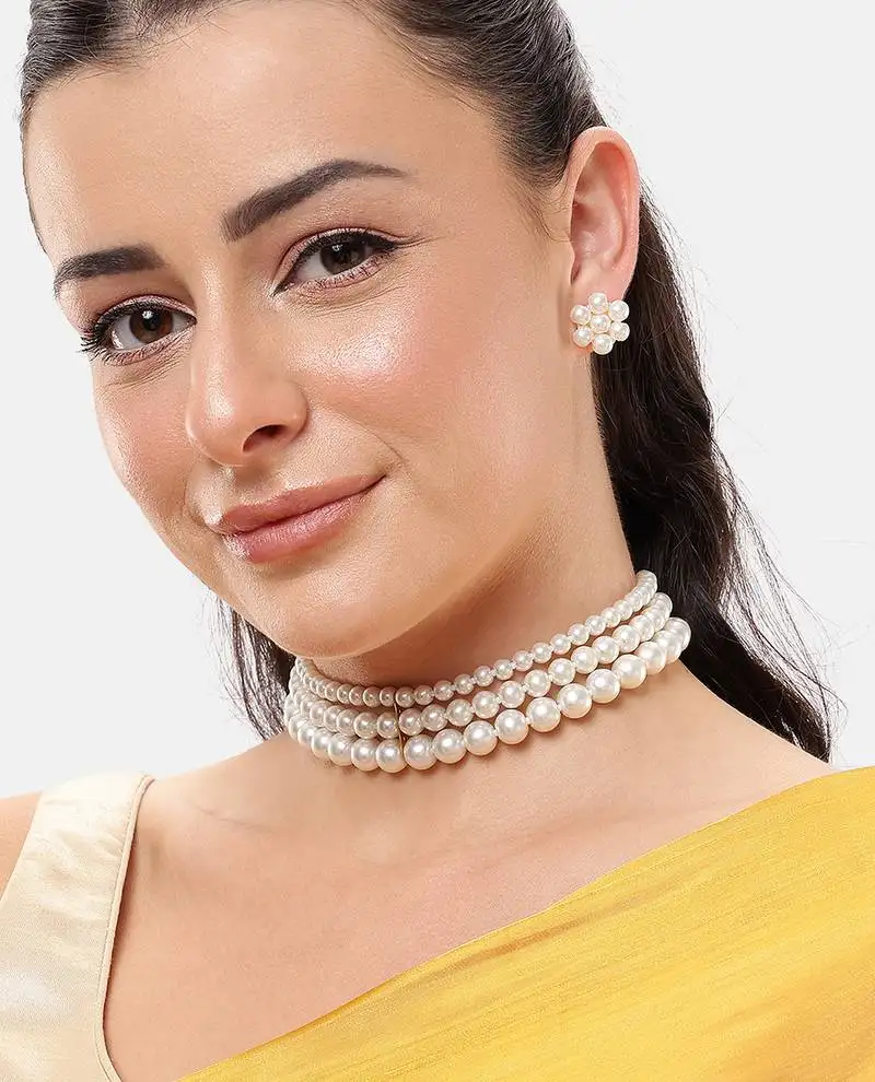 3-layer white pearl choker necklace set with floral stud earrings wedding, ethnic & festive wear pearl choker set