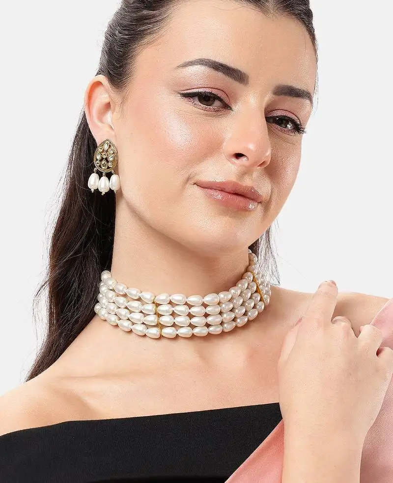 White pearl choker set with kundan earrings | traditional multi-layer bridal jewelry for women & girls
