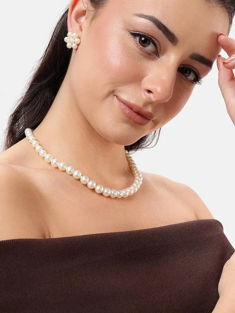 White pearl necklace set with floral stud earrings festive, office & daily wear lightweight pearl jewelry set