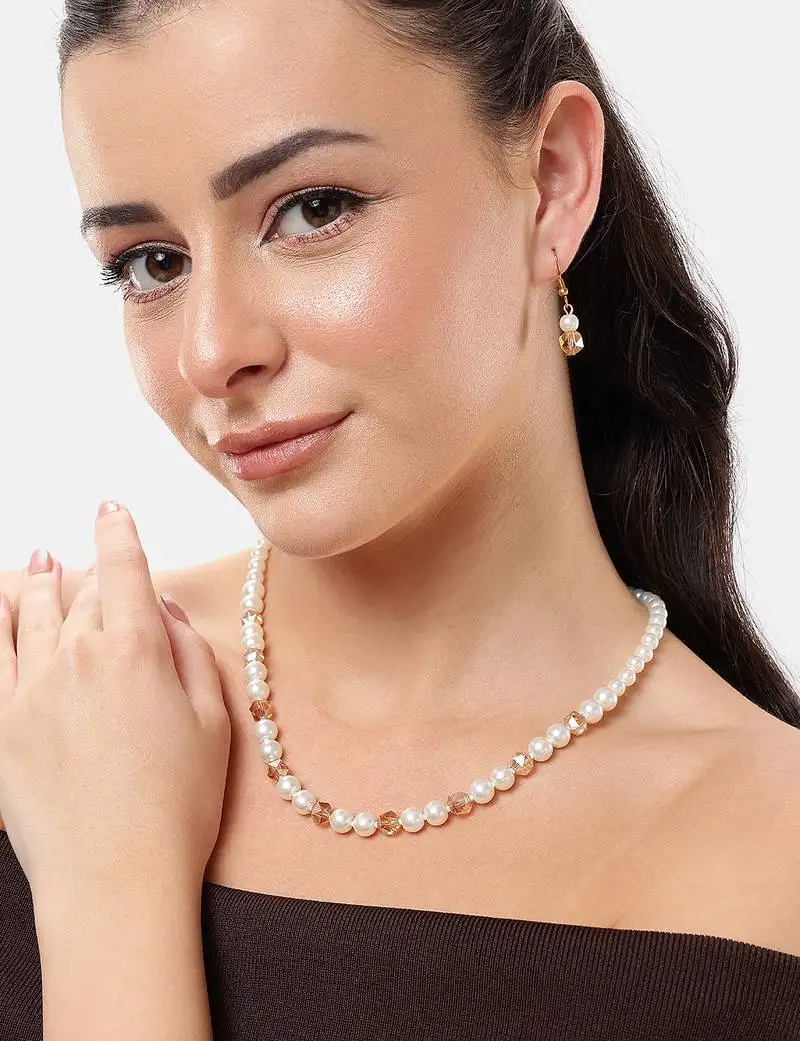 White pearl & golden crystal beads necklace set with drop earrings