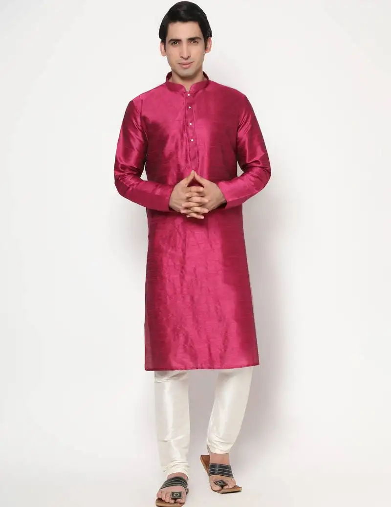 Magenta silk kurta pajama set in with white churidar ethnic outfit for festivals & weddings