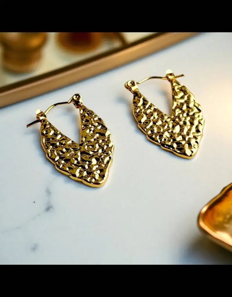 Golden glamour anti tarnish textured leaf hoop earrings