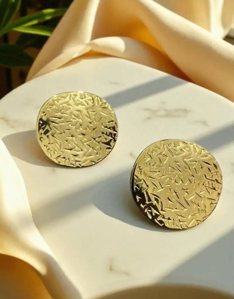 Golden glamour anti tarnish textured round disc earrings