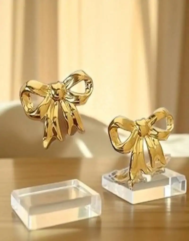 Golden glamour anti-tarnish bow charm stud earrings