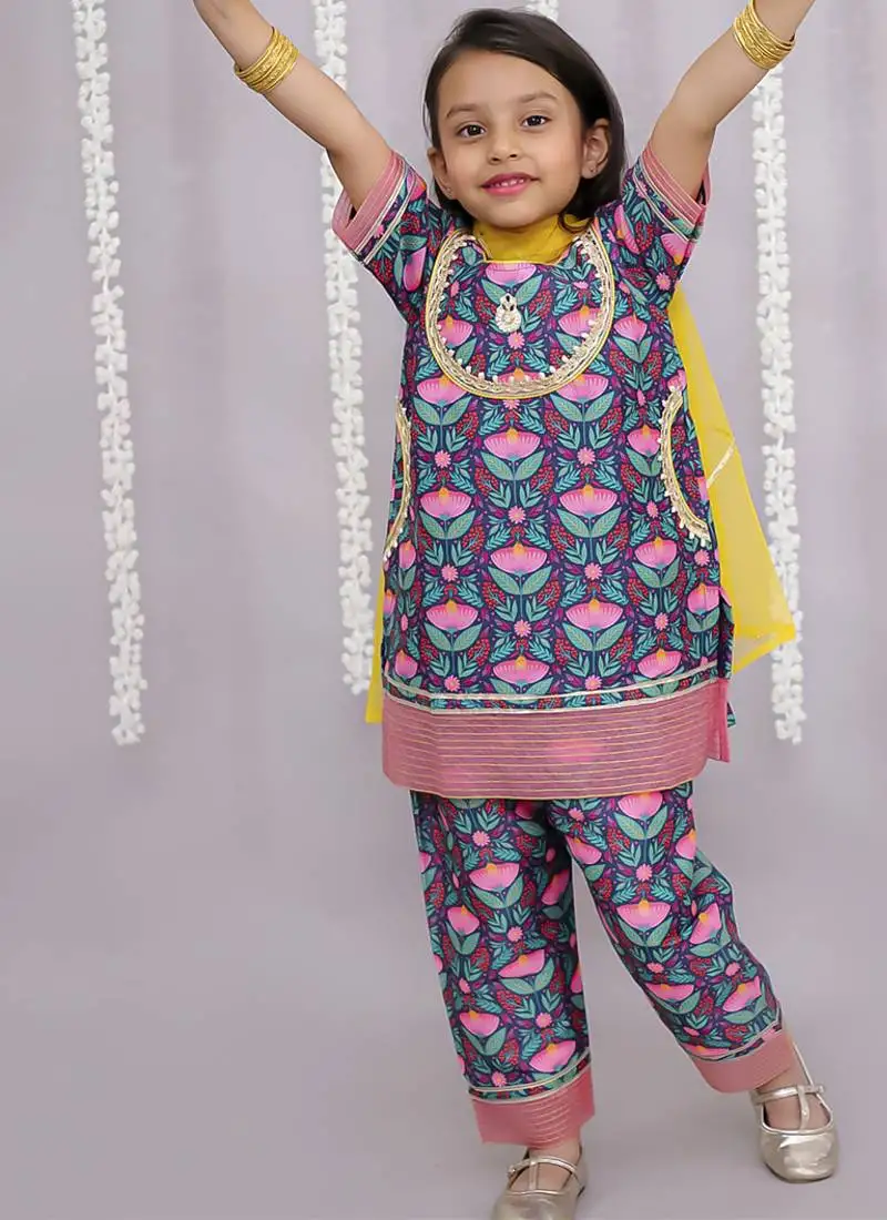 Blue printed cotton silk kurta set