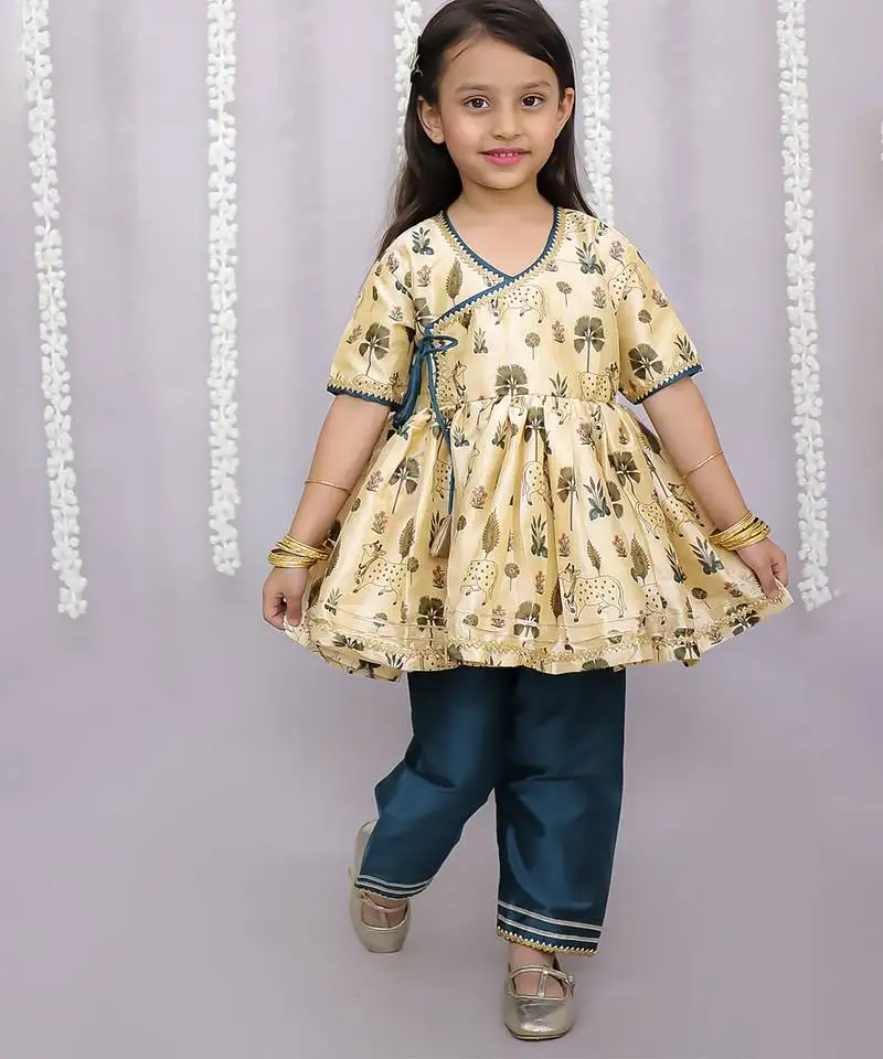 Gold printed cotton silk kurta set