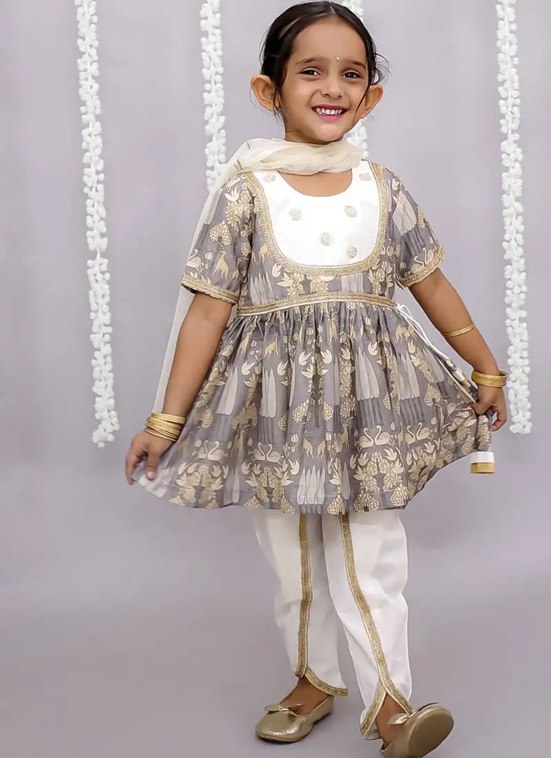 Grey printed cotton silk kurta set