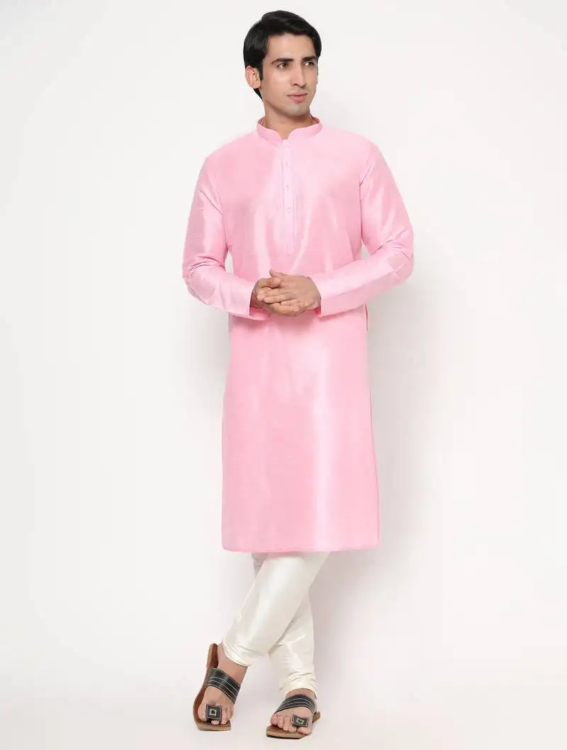 Pink silk kurta pajama set with white churidar ethnic outfit for festivals & weddings