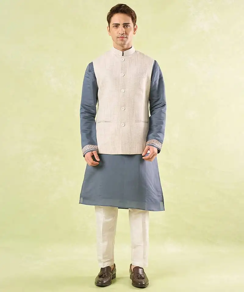 White plain silk nehru jacket