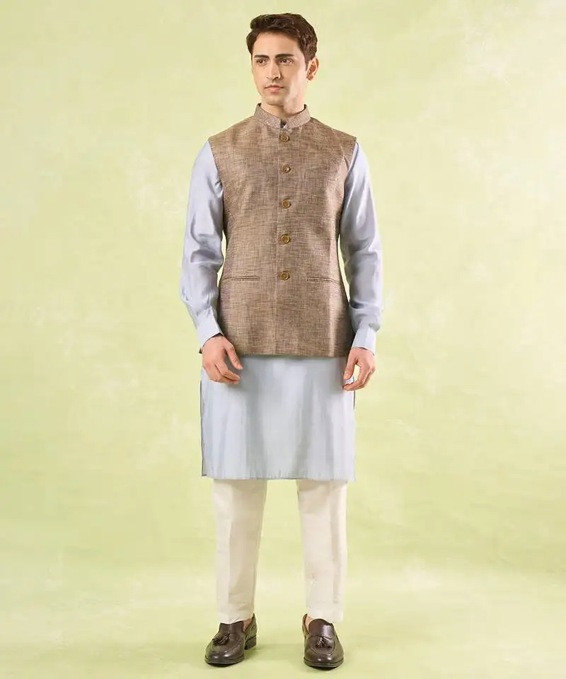 Brown plain silk nehru jacket