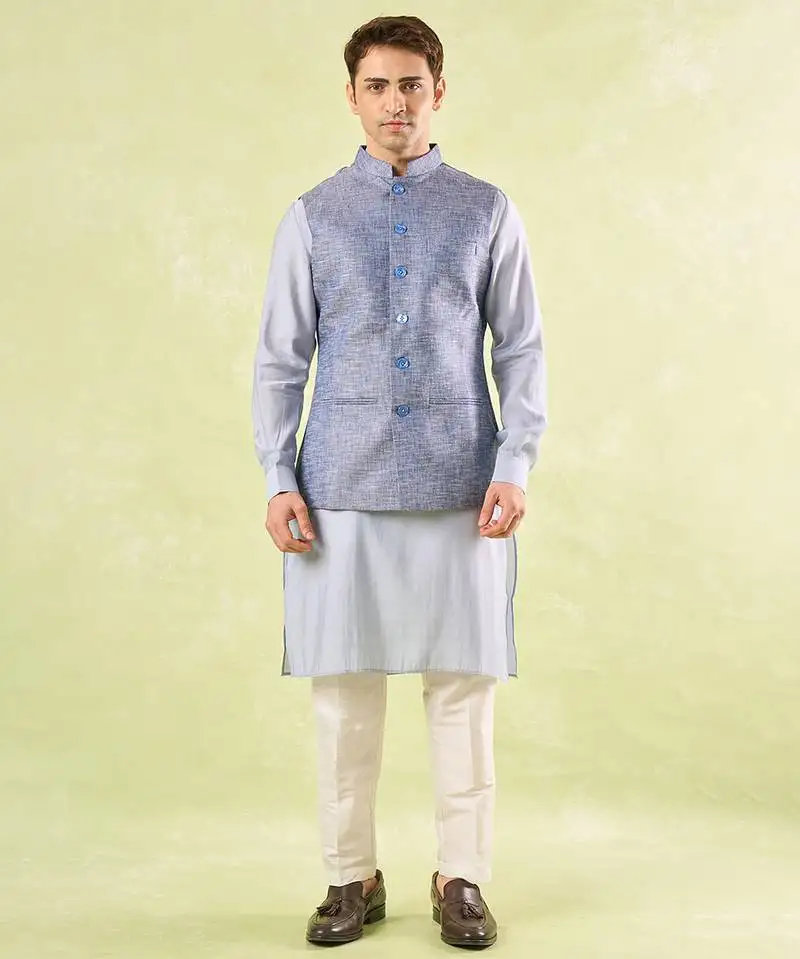 Blue plain silk nehru jacket