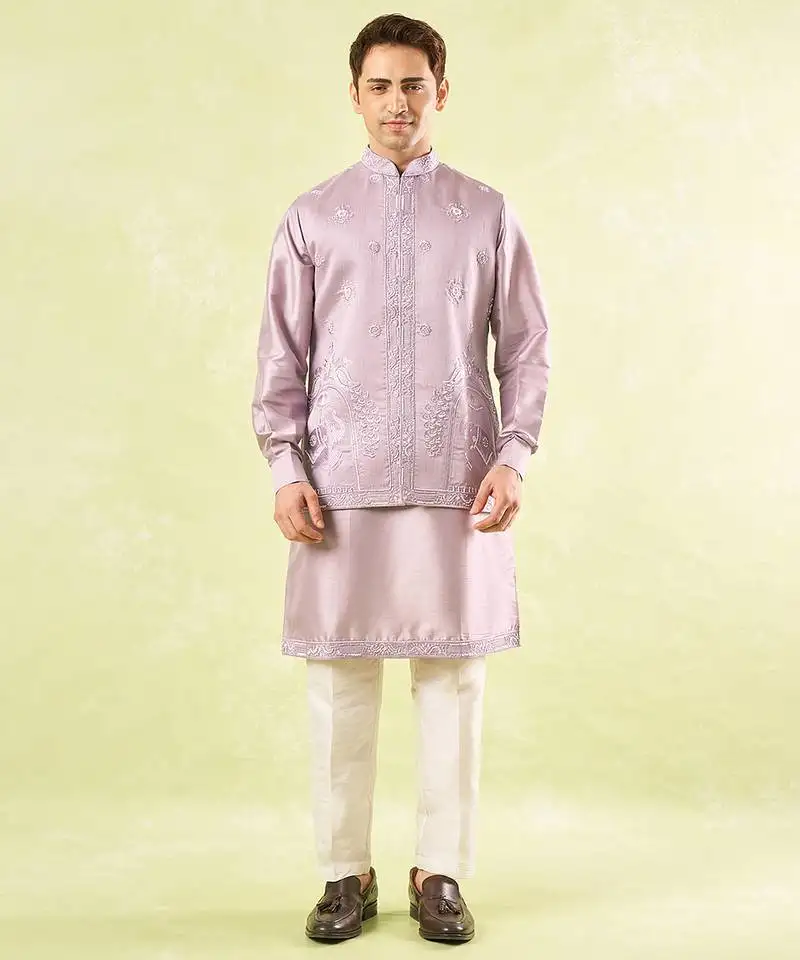 Purple embroidered silk nehru jacket with kurta & pajama