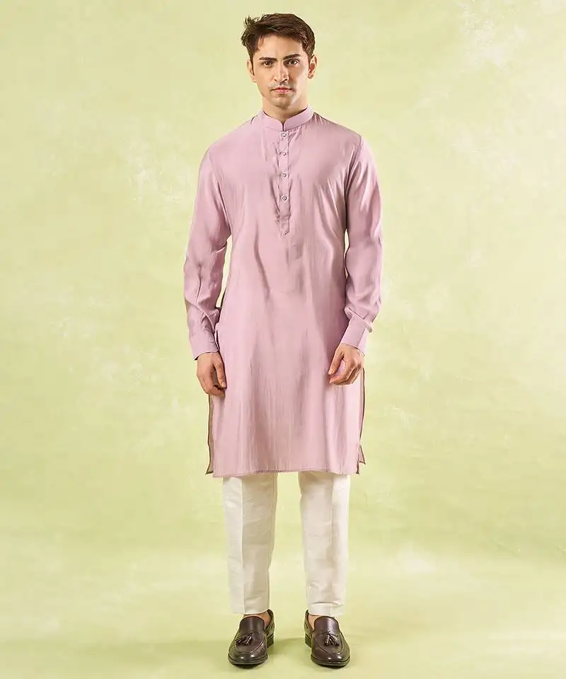 Pink plain silk nehru jacket with kurta & pajama