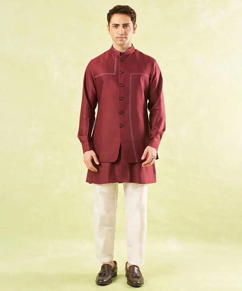 Red plain silk nehru jacket with kurta & pajama