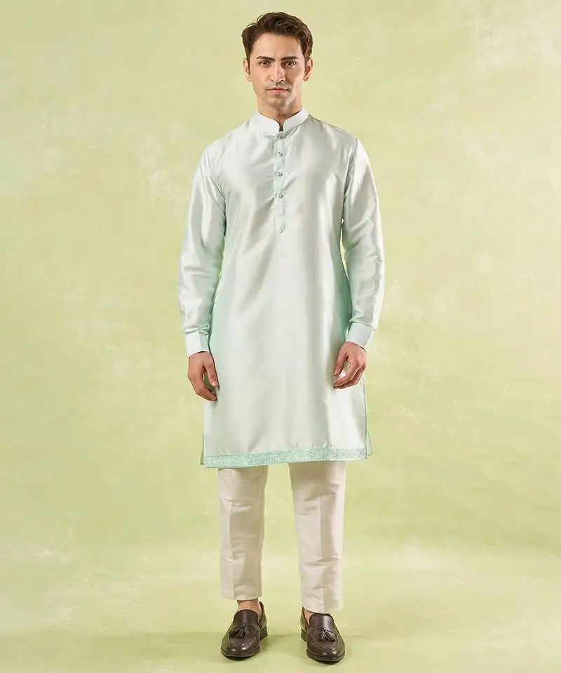 Blue plain silk nehru jacket with kurta & pajama